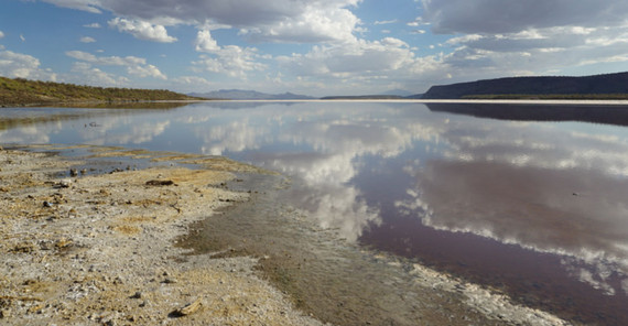 Clouds reflecting in lake Magadi, Kenya, located in the Eastern Branch of the East African Rift System. The high rising flanks of the Rift’s border faults can be seen in the background. | Photo: Corinna Kalich, University of Potsdam