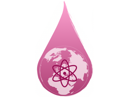 Rosa Wassertropfen mit Weltkugel und Chemiepiktogramm
