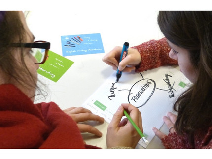 Schreibberaterinnen arbeiten an einer Mind Map mit dem Schriftzug "Freewriting" in der Mitte