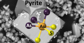 Darstellung eines Atomclusters aus Gold, Arsen und Schwefel in arsenführendem Pyrit (Im Hintergrund ein Rasterelektronenbild eines Pyritkristall, nicht skaliert).