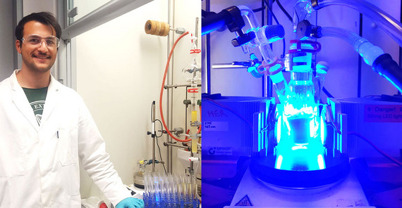 Left: Dr. Stefano Mazzanti in the lab / Right: photocatalytic reactor
