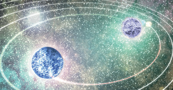 Künstlerische Darstellung zweier sich umkreisender Neutronensterne kurz vor der Kollision. | Bildrechte: Niclas Moldenhauer
