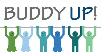 Six human figures in green and blue hues hold up a banner over their heads that says Buddy UP!