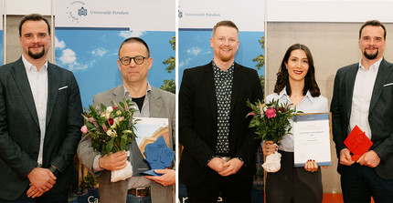 Links: Transferpreisträger Prof. Dr. Andreas Taubert (r.) mit dem Geschäftsführer von Potsdam Transfer Sascha Thormann (l.). Rechts: Guido-Reger-Gründungspreisträgerin Ghazaleh Madanie mit dem Geschäftsführer von Potsdam Transfer Sascha Thormann (r.) und Johannes Zier (l.) vom Startup Service.