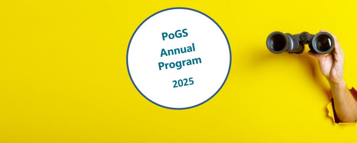 Picture with spyglass and inscribed bubble: PoGS Annual Program 2025 - PoGS Jahresprogramm 2025