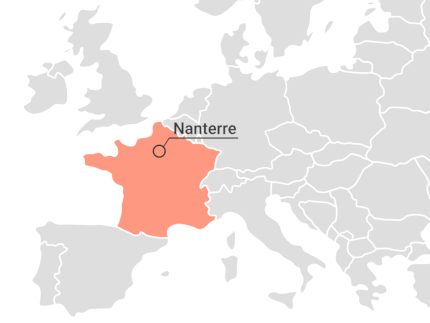 Es ist ein Ausschnitt einer Europakarte zu sehen, auf der Frankreich farblich hervorgehoben ist. Die Stadt Nanterre ist markiert. Das Bild stammt von EDUC.