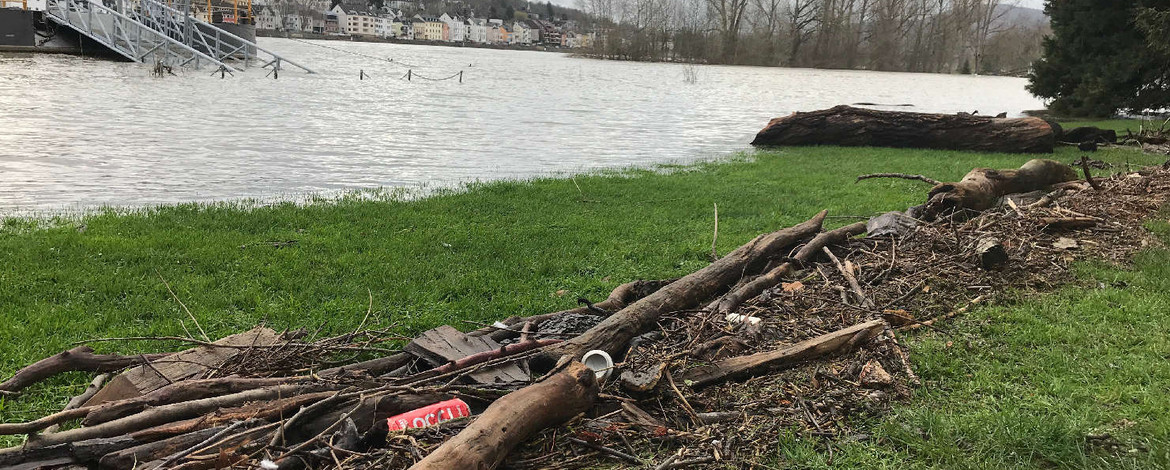 Überflutungsgrenze gemacht durch kleine Holzstücke, die durch Flut transportiert wurden