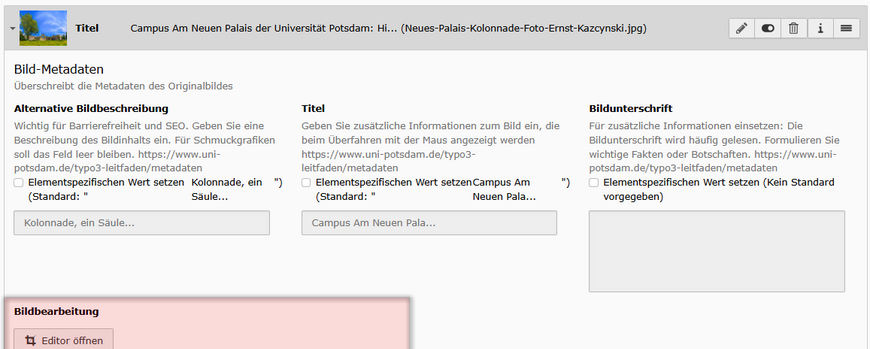 Im Punkt "Bildbearbeitung" können Sie den Bildausschnitt direkt im TYPO3-System bestimmen. Im Punkt "Bildbearbeitung" können Sie den gewünschten Bildausschnitt direkt im TYPO3-System bestimmen.