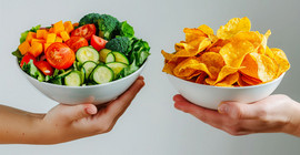 Zwei Hände halten zwei Teller: Links ein Teller voll gesundem Essen/Gemüse und rechts ein Teller voll Chips.