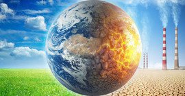 Earth on a background of grass and clouds versus a ruined Earth on a background of a dead desert.