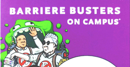Barriere Busters on Campus steht in weiß auf violetten Grund. Dazu sind Figuren angelehnt an die Ghost Busters abgebildet.