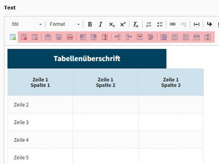 Texteditor bietet Symbole zur erweiterten Gestaltung der Tabelle