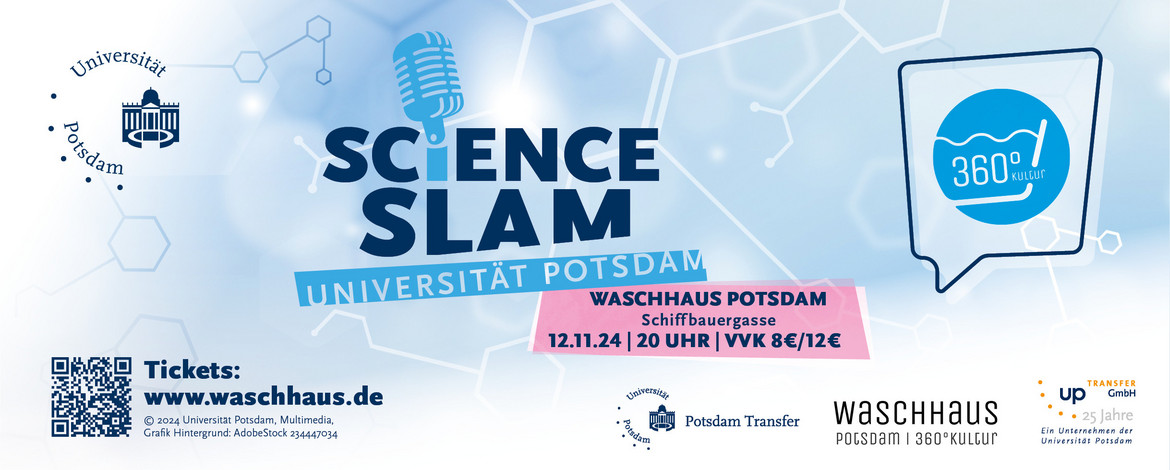 Text auf hellblauen Hintergrund und Logos zur Ankündigung zum Science Slam im Waschhaus Potsdam - 