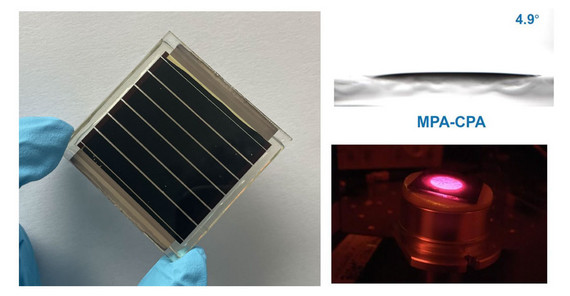 Left: mini module. Upper right: contact angle of the perovskite solution on the self assembled monolayer. Lower right: PL emission of a perovskite film.