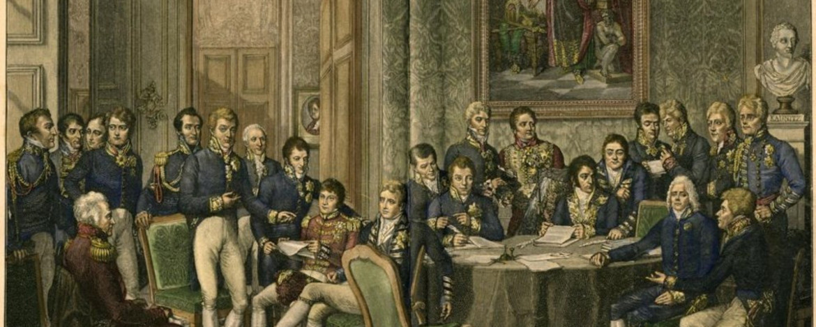 Delegates of the Congress of Vienna in a contemporary engraving by Jean Godefroy after the painting by Jean-Baptiste Isabey