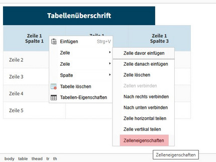 Kontextmenü der Tabelle