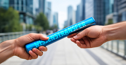 Ein blauer Staffelstab mit der Aufschrift Wissenstransfer wird von einer Hand in die andere überreicht. Im Hintergrund ist eine futuristische Skyline zu sehen.