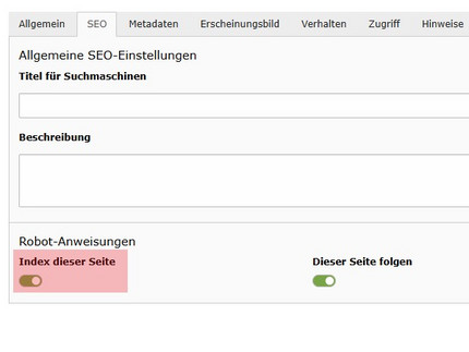 Einstellung „Index dieser Seite“ im TYPO3 SEO-Tab (noindex) Screenshot der Option „Index dieser Seite“ im SEO-Tab der TYPO3-Seiteneigenschaften, um die Seite für Suchmaschinen auf noindex zu setzen
