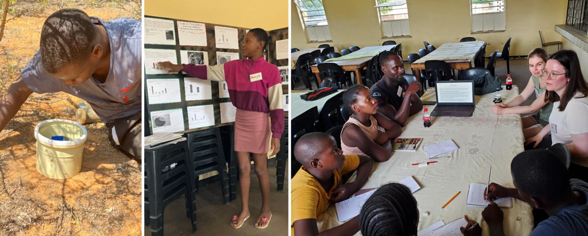 Figure 1 (left to right): A school learner recording water infiltration using the double ring method; A school learner presenting her group's findings to the rest of the research camp's participants; A mixed group of scientists and learners sitting around a table with an open laptop showing slides on water infiltration, notebooks and pencils on the table