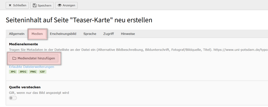 Fügen Sie ein Bild über den Reiter „Medien“ hinzu, um die Teaser-Karte visuell zu ergänzen. Fügen Sie bei Bedarf ein Bild über den Reiter „Medien“ hinzu, um Ihre Teaser-Karte visuell zu ergänzen.