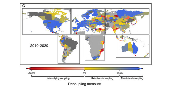 Entkopplungsraten zwischen CO2-Emissionen und Bruttoregionalprodukt in der Welt. Die Karte zeigt die regionalen Entkopplungsraten für den Zeitraum 2010 bis 2020.