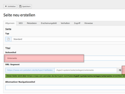 Abbildung des Formulars „Seite neu erstellen“