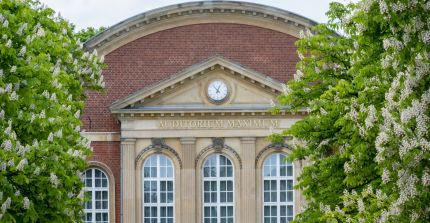 Fassade des Audimax der Universität Potsdam, links und rechts gesäumt von blühenden Kastanien