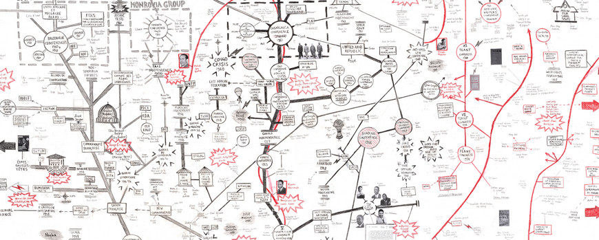 Detail of Beyond the Borders of Berlin Detail of Beyond the Borders of Berlin, a mapping of individual and collective movements that were committed tomaintaining (grey pencil/left) or abolishing (black crayon/middle) the colonial African boundaries that were drawn at the Berlin Conference of 1884/5. The curved red lines represent exemplary trajectories of Panafricanists moving outside the state-centric framework within which the black lines operate.