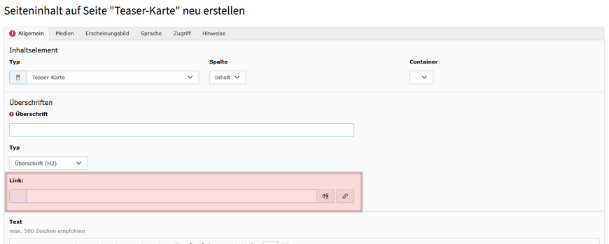 Wenn Sie einen Link hinzufügen möchten, geben Sie diesen im Link-Browser ein. Wenn Sie einen Link hinzufügen möchten, geben Sie diesen im Link-Browser ein. Beachten Sie, dass pro Teaser-Karte maximal ein Link möglich ist. Verlinkt wird immer die ganze Karte und Sie können sowohl interne als auch externe Links, Dateien, Ordner, E-Mail-Adressen, Telefonnummern und News auswählen.