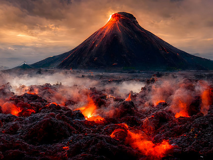 Magma und Lavastrom mit einem Vulkan im Hintergrund