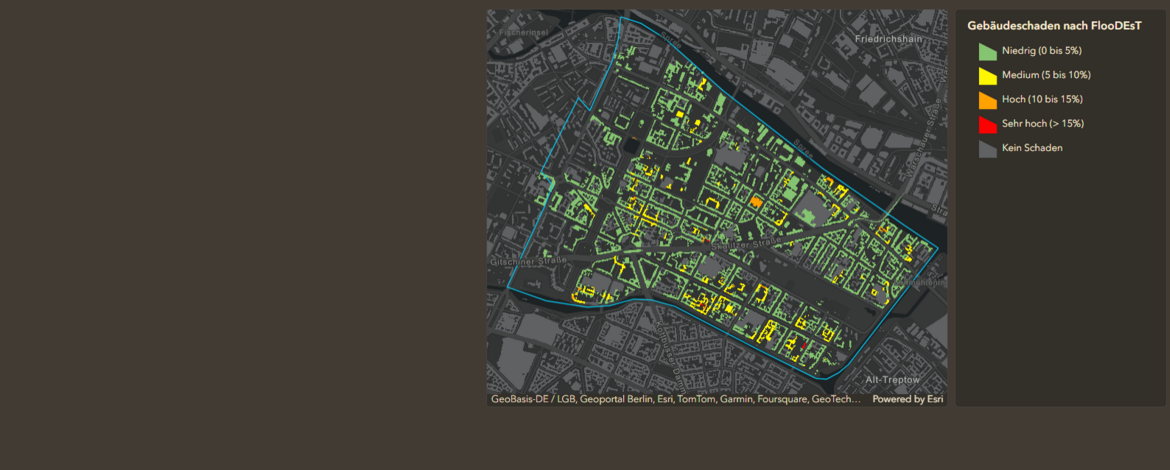 Karte der Gebäudeschadensklassen in einer Pilotregion in Berlin für ein sehr extremes Szenario (150 mm Blockregen), die mit dem Flood Damage Estimation Tool („FlooDEsT“), vorläufig abgeschätzt wurden.