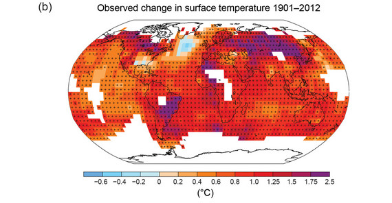 Weltkarte der dokumentierten Veränderung der Oberflächentemperatur im Zeitraum von 1901 bis 2012. Abbildung: IPCC, 2013.
