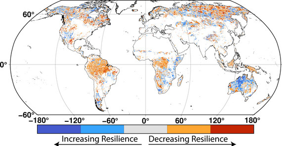 Global trends in vegetation resilience since the 2000s. Many regions – particularly tropical rainforests and Siberian tundra – are less able to maintain their current state in the face of changing environmental conditions.