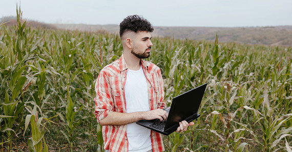 Junger Mann steht in einem Maisfeld mit einem Laptop in der Hand.