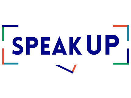 Das Wort Speak UP auf weißem Hintergrund mit buntem Rahmen