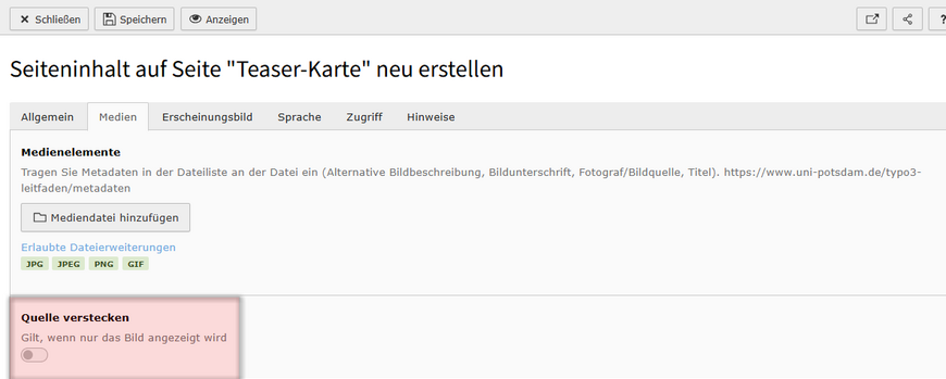 Aktivieren Sie das Feld "Quelle verstecken" für Bannerbilder. Aktivieren Sie das Feld "Quelle verstecken", wenn Sie ein Bannerbild ohne Quellenangabe einfügen möchten, zum Beispiel um ein Logo einzubinden.
