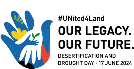 Banner for desertification and drought day showing two hands holding each other and a seedling