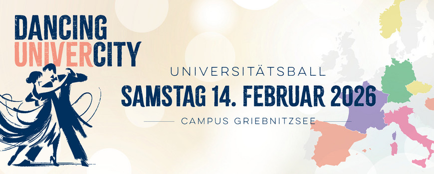 Grafische Darstellung eines Tanzpaars, bunte Europakarte und Schriftzug "Dancing UniverCity"