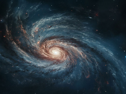 Galaktische Spirale mit schwarzem Loch und Nebelwirbel, in der es von Sternen und Planeten wimmelt.
