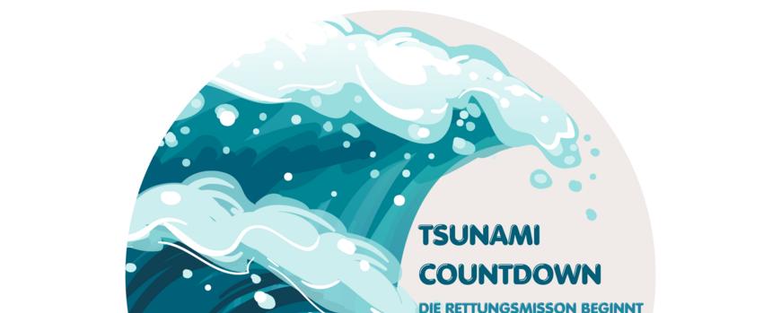 Das Logo des GeoBreakouts Tsunami-Countdown auf dem eine Welle zu sehen ist.