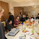 Communal breakfast in the cosy house.