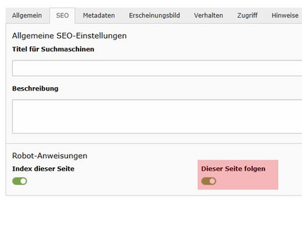 Einstellung „Dieser Seite folgen“ im TYPO3 SEO-Tab (nofollow) Screenshot der Option „Dieser Seite folgen“ im SEO-Tab der TYPO3-Seiteneigenschaften, um Suchmaschinen anzugeben, ob Links auf dieser Seite verfolgt werden (nofollow)