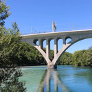 Confluence of Rhone and Arve at bridge, whitish water of Arve mixing with clear water of the Rhone