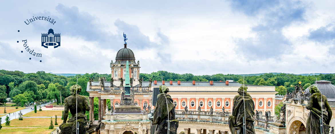 Das Foto zeigt die Communs am neuen Palais. Das Bild ist vom Dach aus aufgenommen und zeigt die auf dem Dach angebrachten Statuen von hinten.