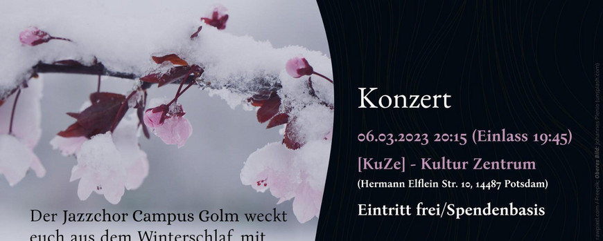 Flyer für das Winterkonzert des Jazzchor Campus Golm. Bildtext: Der Jazzchor Campus Golm weckt euch aus dem Winterschlaf, mit Liedern von Pop über Jazz bis Klassik. Konzert 06.03.2023 20:15 (Einlass 19:45), KuZe - Kultur Zentrum, Hermann Elflein Str. 10, 14487 Potsdam. Eintritt frei/Spendenbasis.