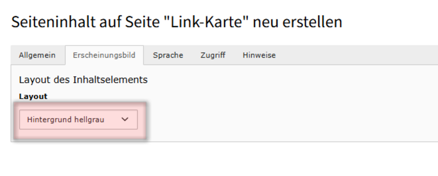 Wählen Sie im Reiter „Erscheinungsbild“ die gewünschte Farbe aus. Wählen Sie im Reiter „Erscheinungsbild“ aus den Optionen keine Farbe, hellgrau (default), hellblau, gelb oder dunkelblau als Hintergrundfarbe für Ihre Link-Karte.