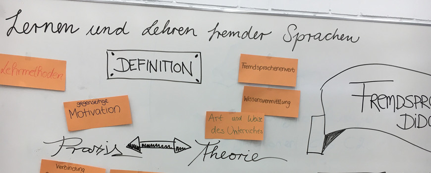 Tafel mit Post-its uns Satz "Lernen und Lehren fremder Sprachen"