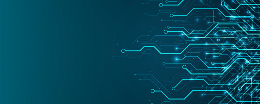 Teaserbild für das Programm KI für die Wissenschaft. Das Bild ist petrolfarbend und auf der rechten Seite finden sich angedeutete Platinen-Netzwerkstrukturen.