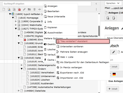 Ansicht des Kontextmenüs zum Anlegen einer neuen Seite