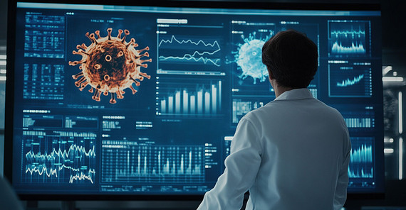 Mediziner steht vor großem Bildschirm mit verschiedenen Diagrammen.
